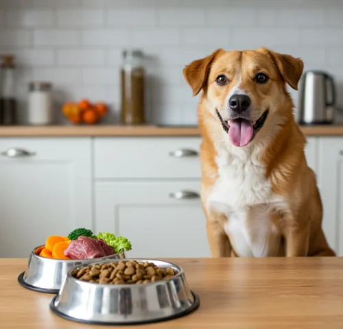 A dog sits at a table with two bowls of food, illustrating proper nutrition for pets from "The Complete Guide to Dog Nutrition."