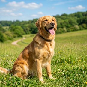 Golden Retriever sitting in green field on sunny day