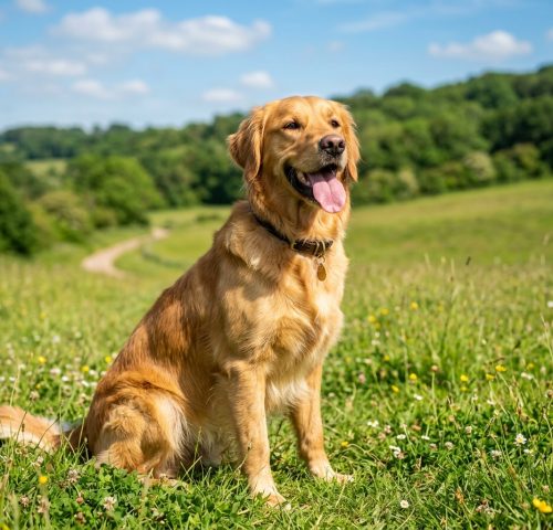 Golden Retriever sitting in green field on sunny day