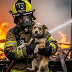A firefighter cradles a rescued dog in front of a burning building, symbolizing hope and second chances for animals.
