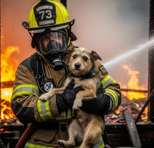 A firefighter cradles a rescued dog in front of a burning building, symbolizing hope and second chances for animals.