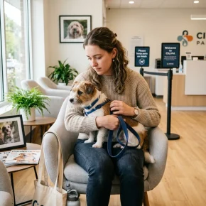dog owner at vet clinic considering pet insurance