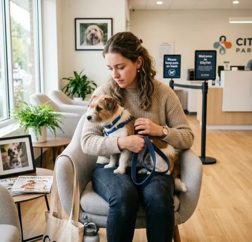 dog owner at vet clinic considering pet insurance