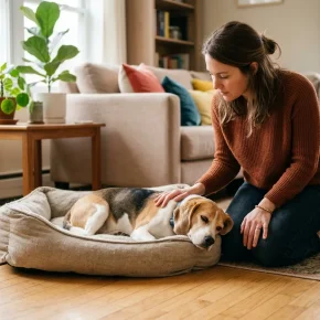 owner comforting sick Beagle with diarrhea at home