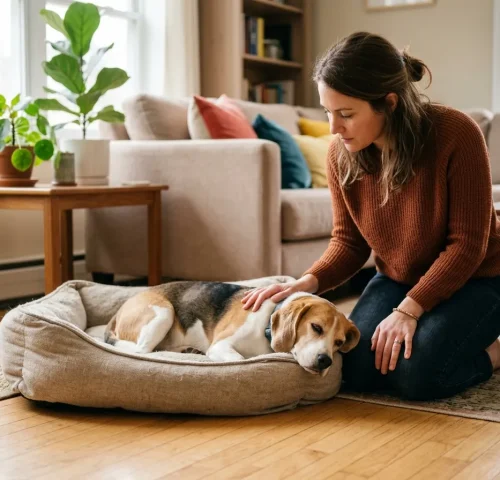 owner comforting sick Beagle with diarrhea at home