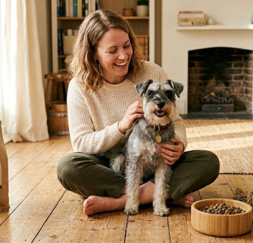 woman with Miniature Schnauzer surrounded by eco-friendly dog products